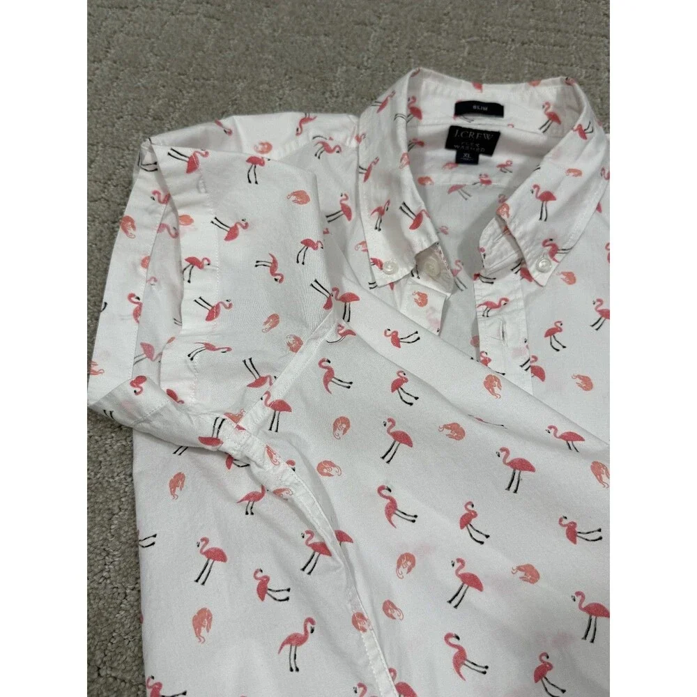 J.Crew Mens XL Flex Washed Shirt Pink Flamingo Print Short Sleeve Button Up